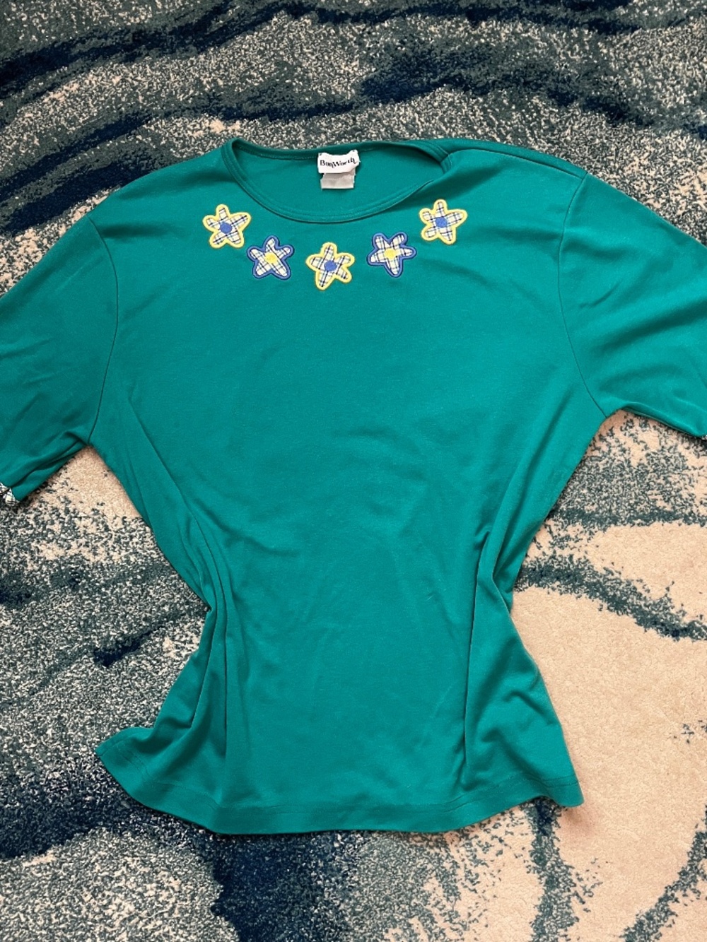 Vintage BonWorth Teal Short Sleeve Top Plaid Flower Patchwork Grannycore